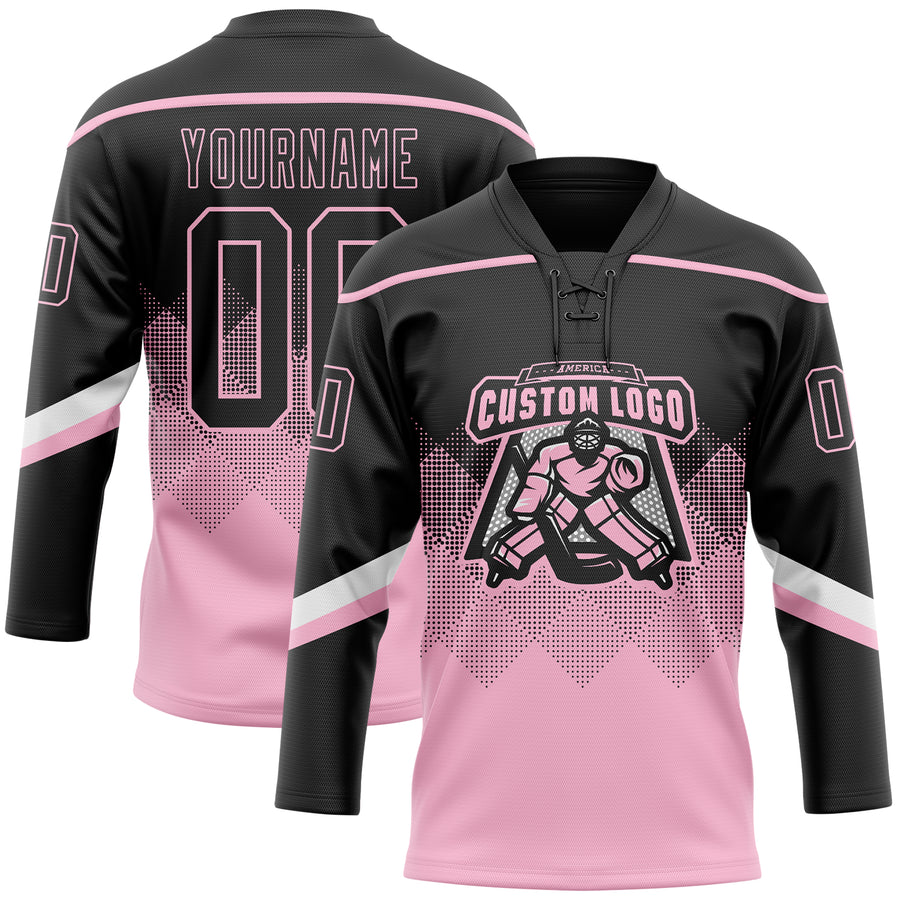 Custom Black Light Pink-White 3D Pattern Gradient Square Shapes Hockey Lace Neck Jersey