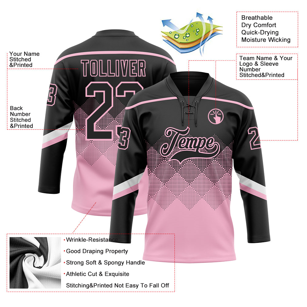 Custom Black Light Pink-White 3D Pattern Gradient Square Shapes Hockey Lace Neck Jersey