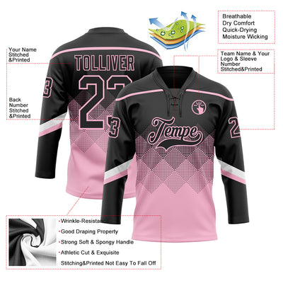 Custom Black Light Pink-White 3D Pattern Gradient Square Shapes Hockey Lace Neck Jersey