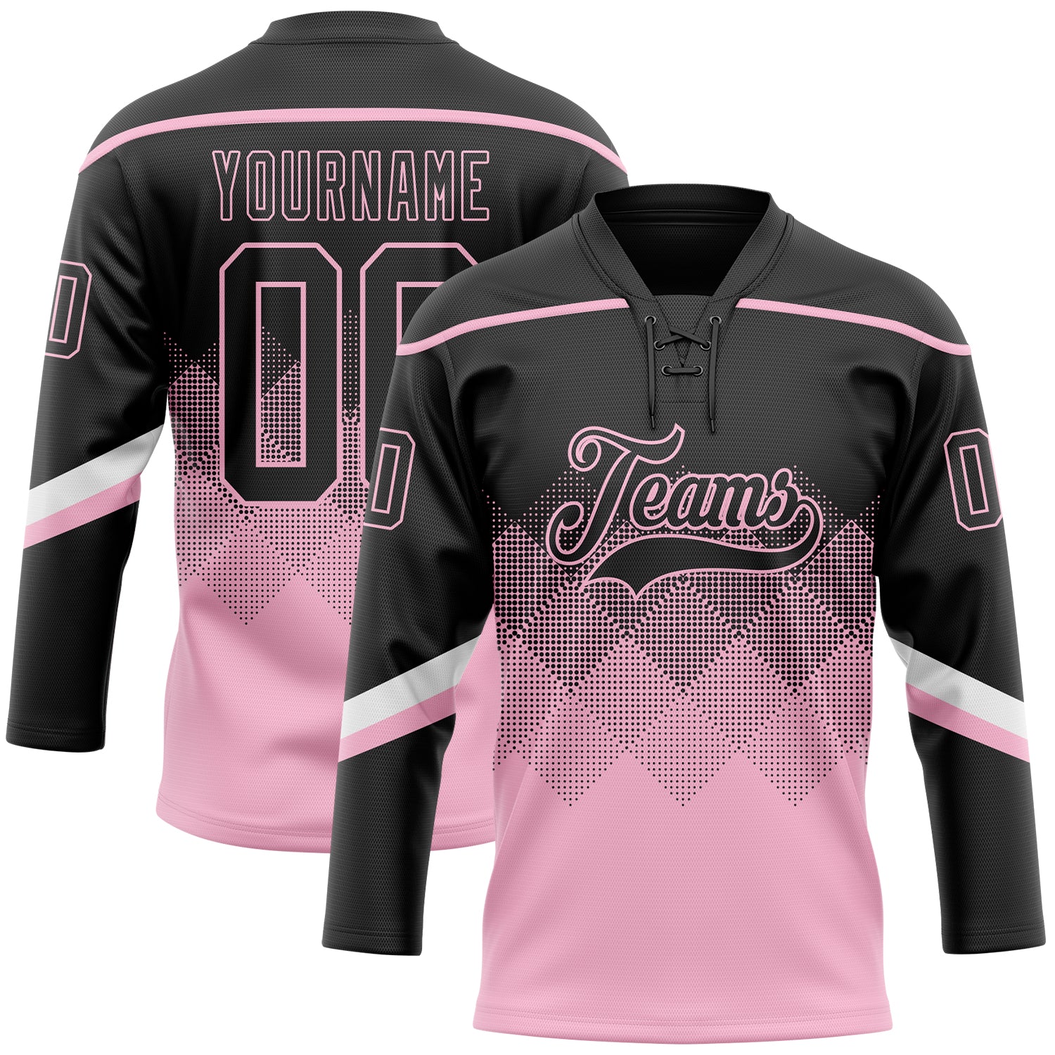 Custom Black Light Pink-White 3D Pattern Gradient Square Shapes Hockey Lace Neck Jersey