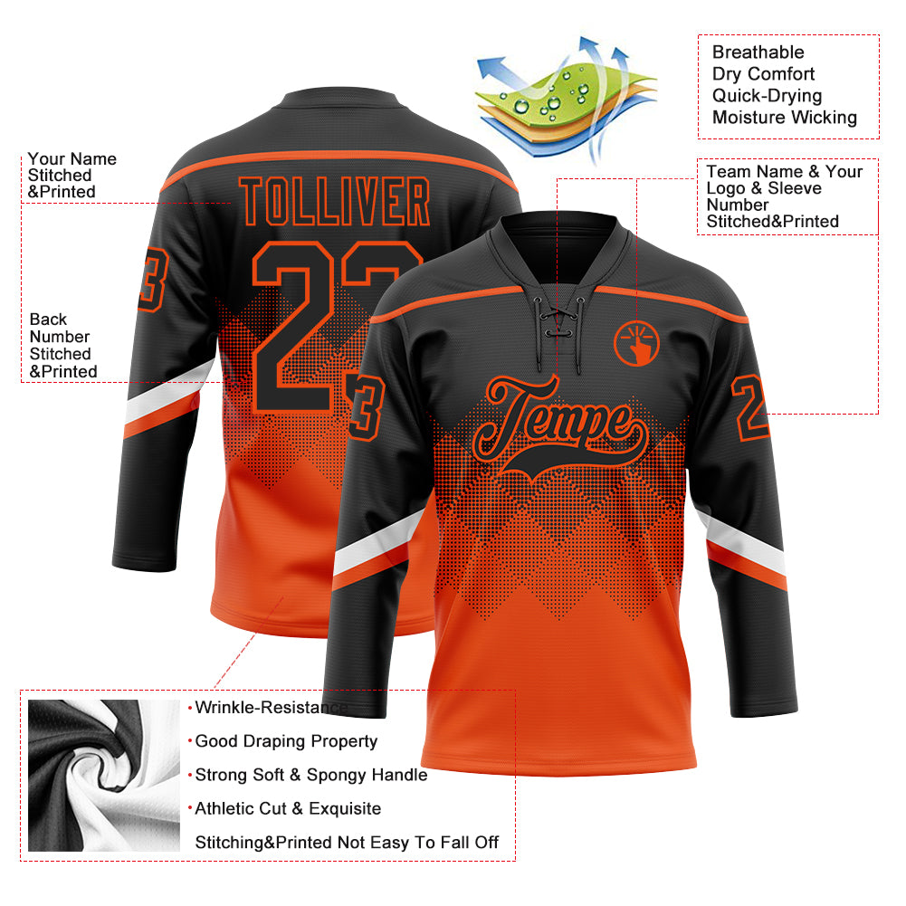 Custom Black Orange-White 3D Pattern Gradient Square Shapes Hockey Lace Neck Jersey