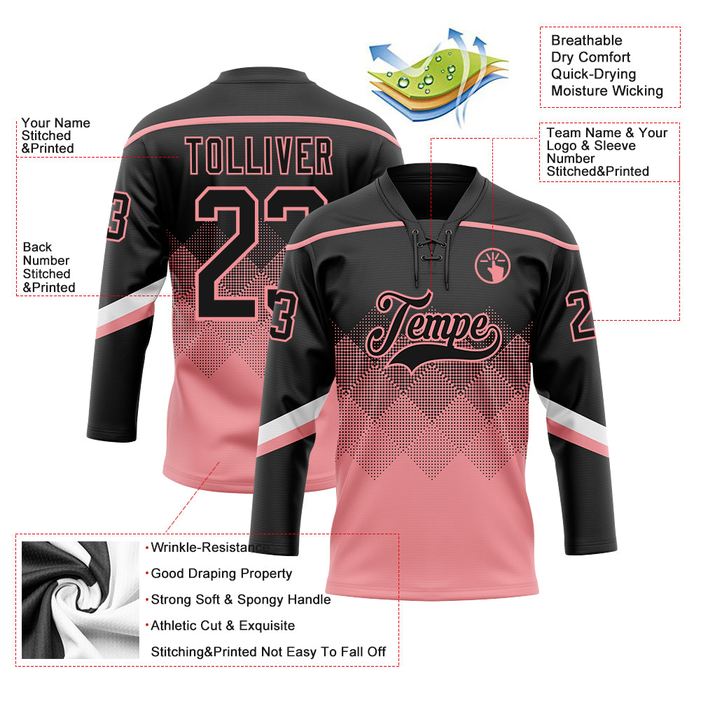 Custom Black Medium Pink-White 3D Pattern Gradient Square Shapes Hockey Lace Neck Jersey