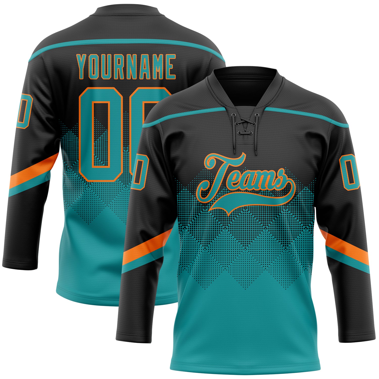 Custom Black Teal-Orange 3D Pattern Gradient Square Shapes Hockey Lace Neck Jersey