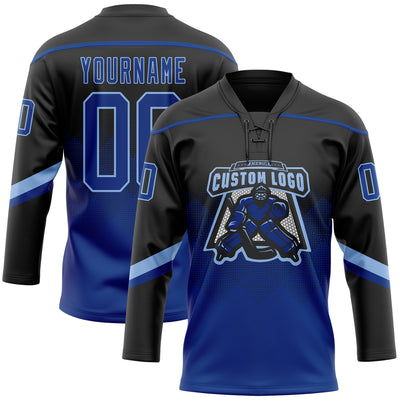 Custom Black Royal-Light Blue 3D Pattern Gradient Square Shapes Hockey Lace Neck Jersey