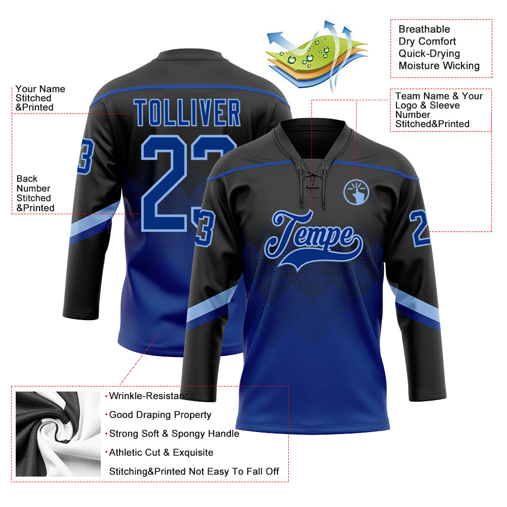 Custom Black Royal-Light Blue 3D Pattern Gradient Square Shapes Hockey Lace Neck Jersey