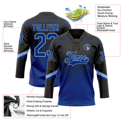 Custom Black Royal-Light Blue 3D Pattern Gradient Square Shapes Hockey Lace Neck Jersey