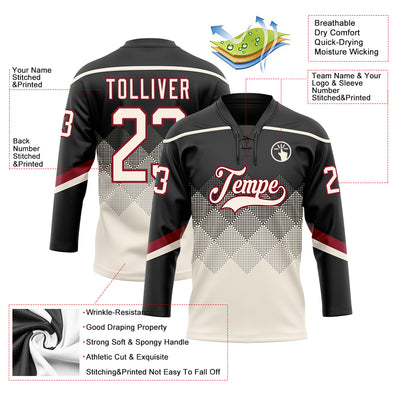 Custom Black Cream-Crimson 3D Pattern Gradient Square Shapes Hockey Lace Neck Jersey