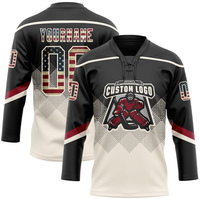 Custom Black Vintage USA Flag Cream-Crimson 3D Pattern Gradient Square Shapes Hockey Lace Neck Jersey