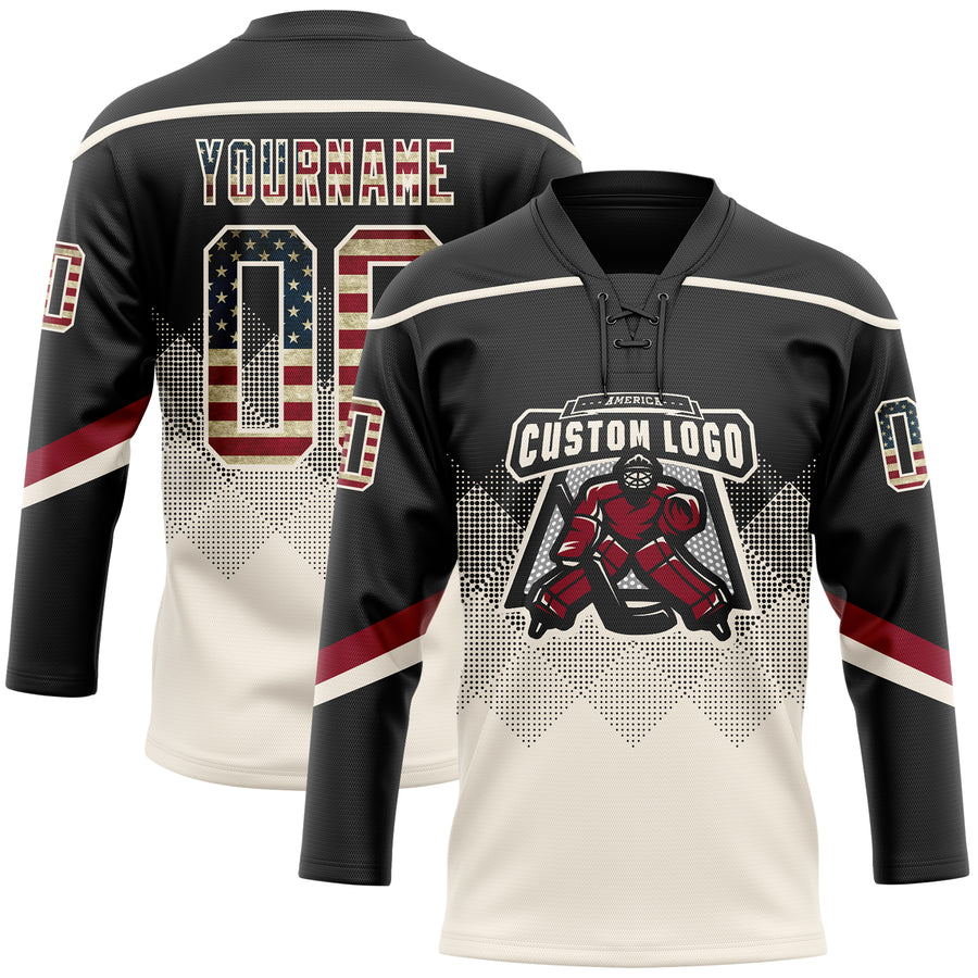 Custom Black Vintage USA Flag Cream-Crimson 3D Pattern Gradient Square Shapes Hockey Lace Neck Jersey