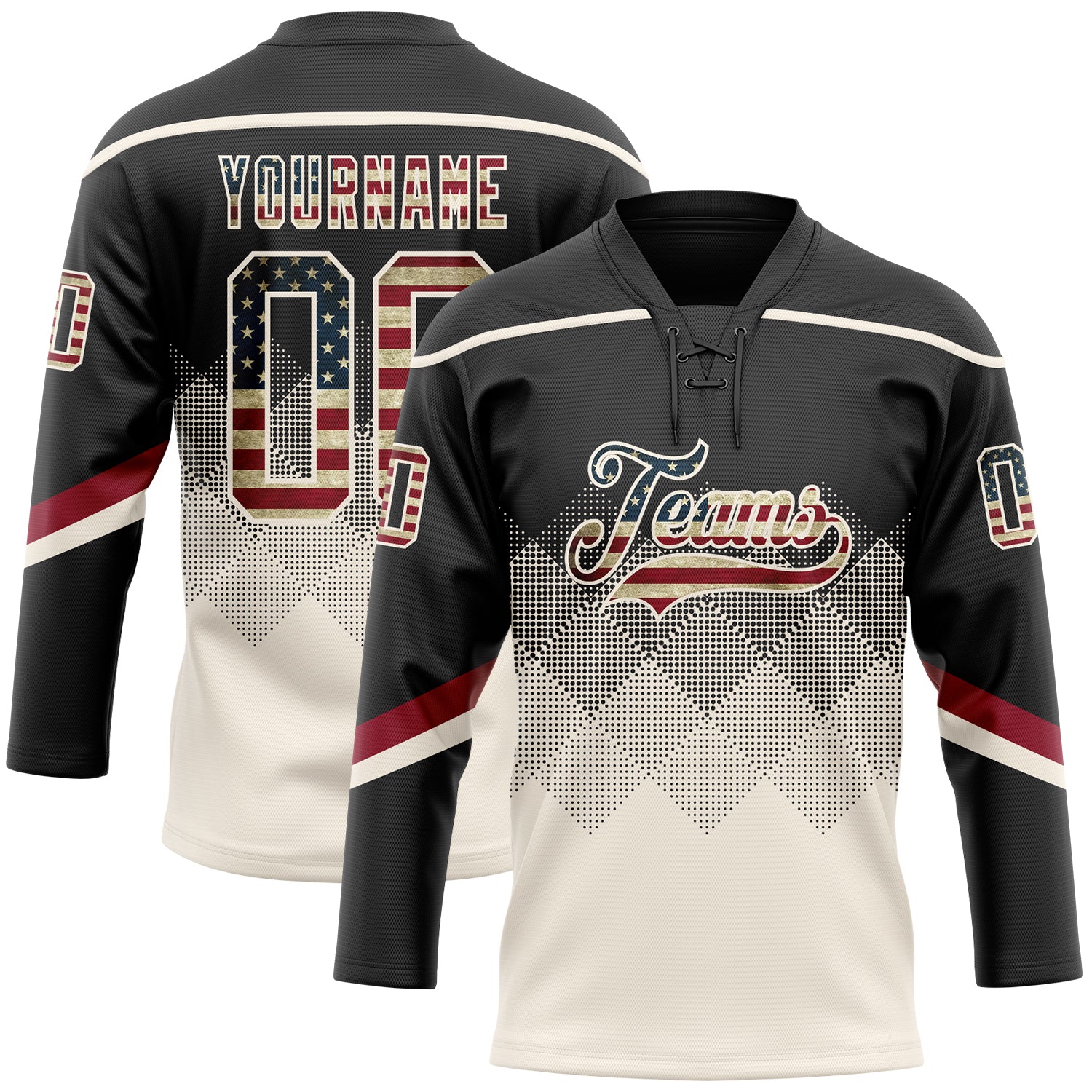 Custom Black Vintage USA Flag Cream-Crimson 3D Pattern Gradient Square Shapes Hockey Lace Neck Jersey