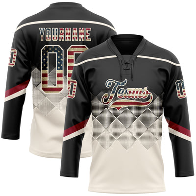 Custom Black Vintage USA Flag Cream-Crimson 3D Pattern Gradient Square Shapes Hockey Lace Neck Jersey