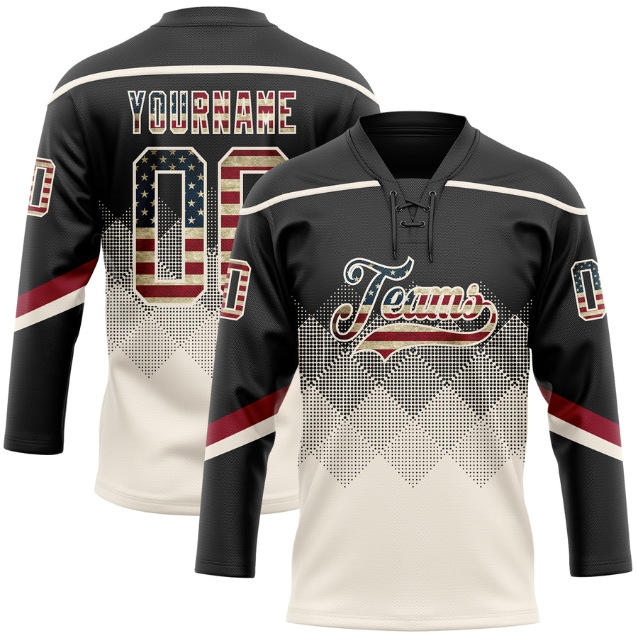 Custom Black Vintage USA Flag Cream-Crimson 3D Pattern Gradient Square Shapes Hockey Lace Neck Jersey