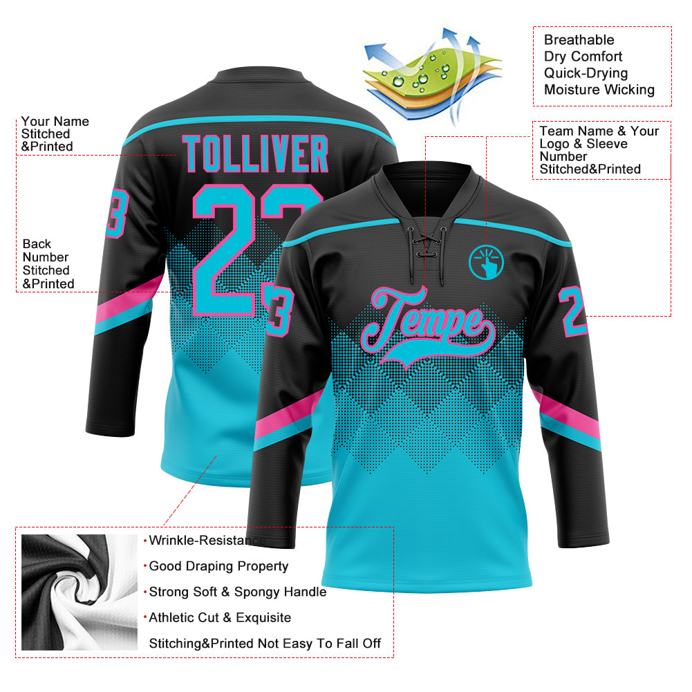 Custom Black Lakes Blue-Pink 3D Pattern Gradient Square Shapes Hockey Lace Neck Jersey