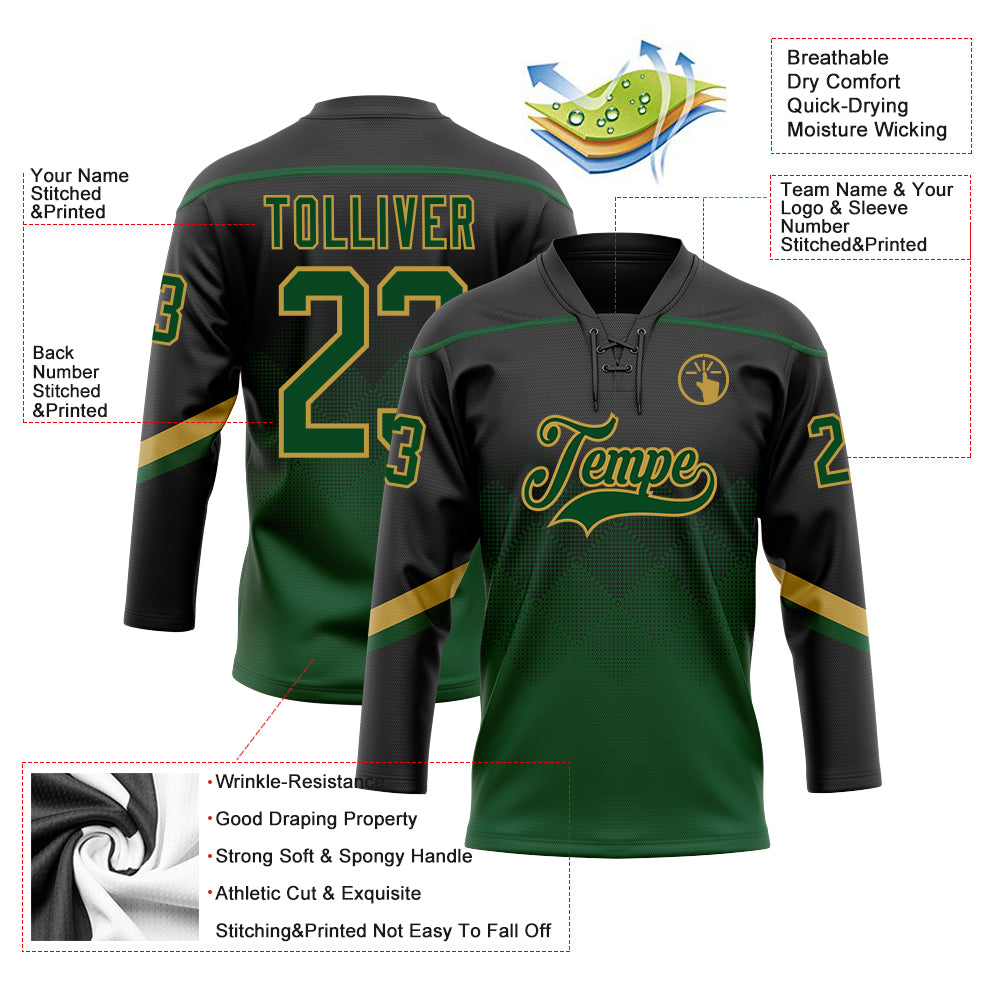 Custom Black Green-Old Gold 3D Pattern Gradient Square Shapes Hockey Lace Neck Jersey