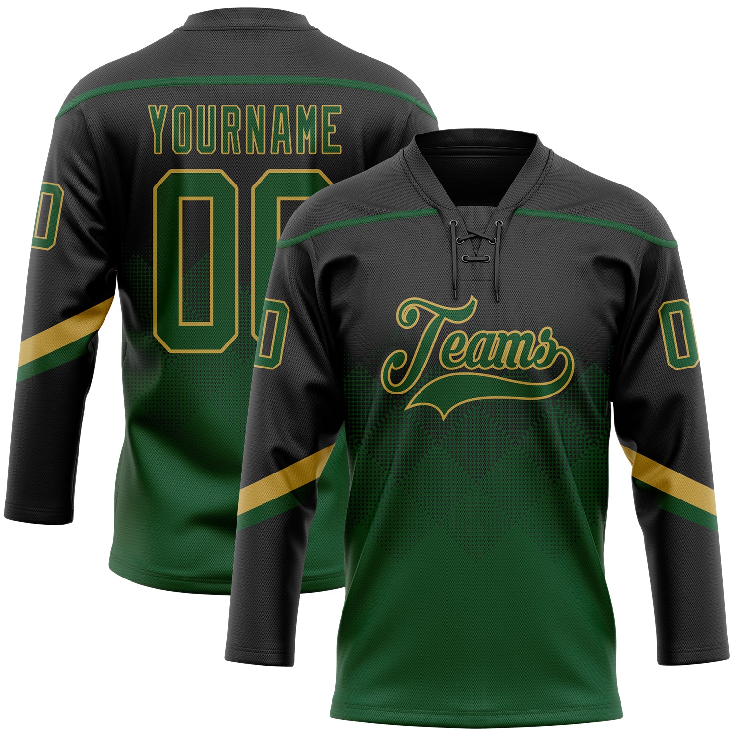 Custom Black Green-Old Gold 3D Pattern Gradient Square Shapes Hockey Lace Neck Jersey