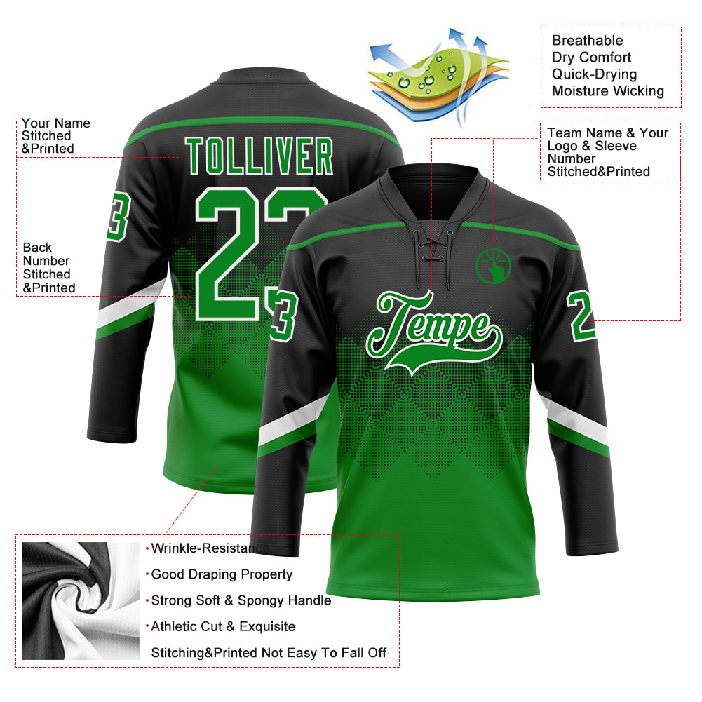 Custom Black Grass Green-White 3D Pattern Gradient Square Shapes Hockey Lace Neck Jersey