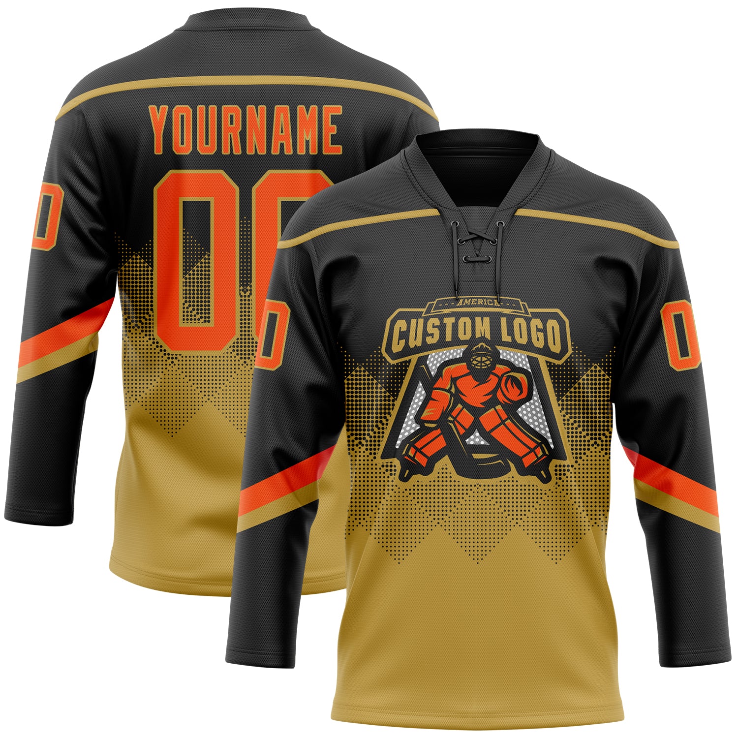 Custom Black Orange-Old Gold 3D Pattern Gradient Square Shapes Hockey Lace Neck Jersey