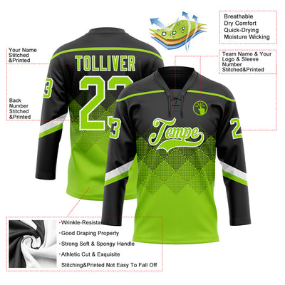 Custom Black Neon Green-White 3D Pattern Gradient Square Shapes Hockey Lace Neck Jersey