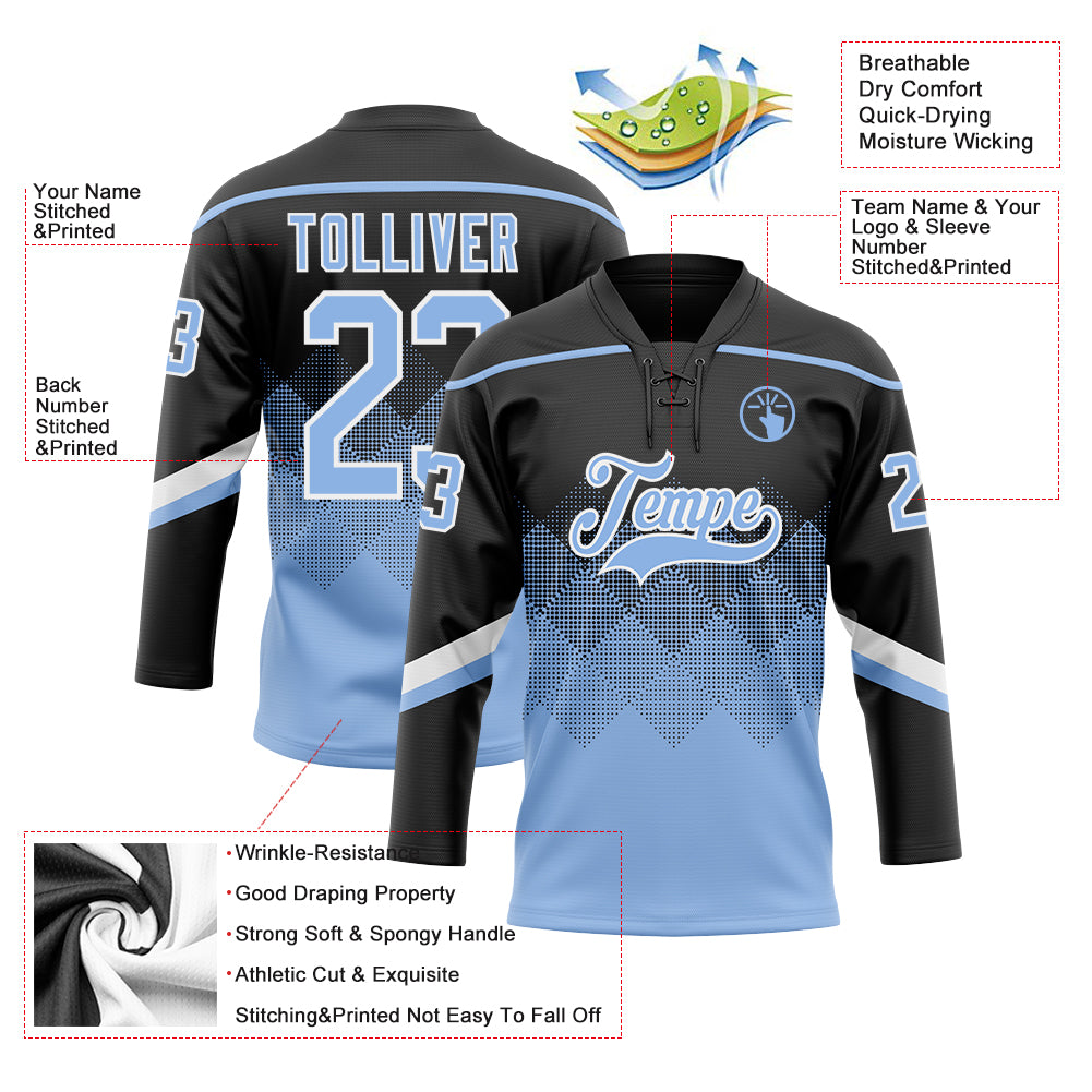 Custom Black Light Blue-White 3D Pattern Gradient Square Shapes Hockey Lace Neck Jersey