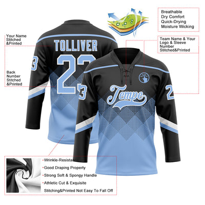 Custom Black Light Blue-White 3D Pattern Gradient Square Shapes Hockey Lace Neck Jersey