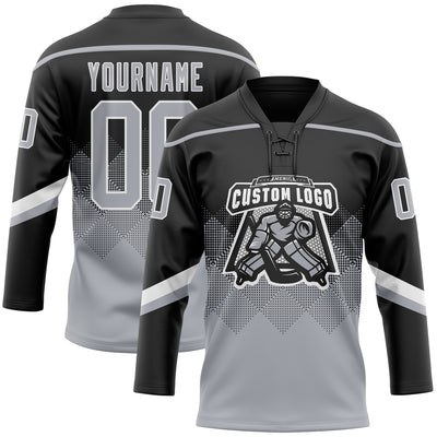 Custom Black Gray-White 3D Pattern Gradient Square Shapes Hockey Lace Neck Jersey