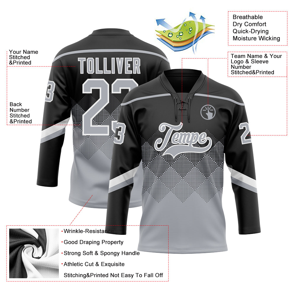 Custom Black Gray-White 3D Pattern Gradient Square Shapes Hockey Lace Neck Jersey