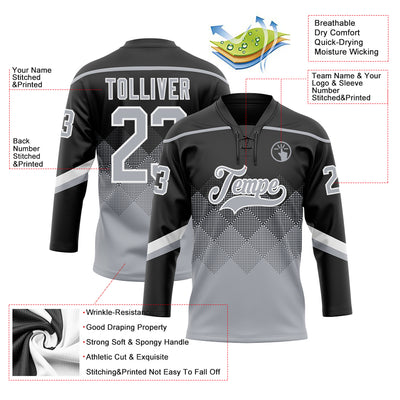 Custom Black Gray-White 3D Pattern Gradient Square Shapes Hockey Lace Neck Jersey