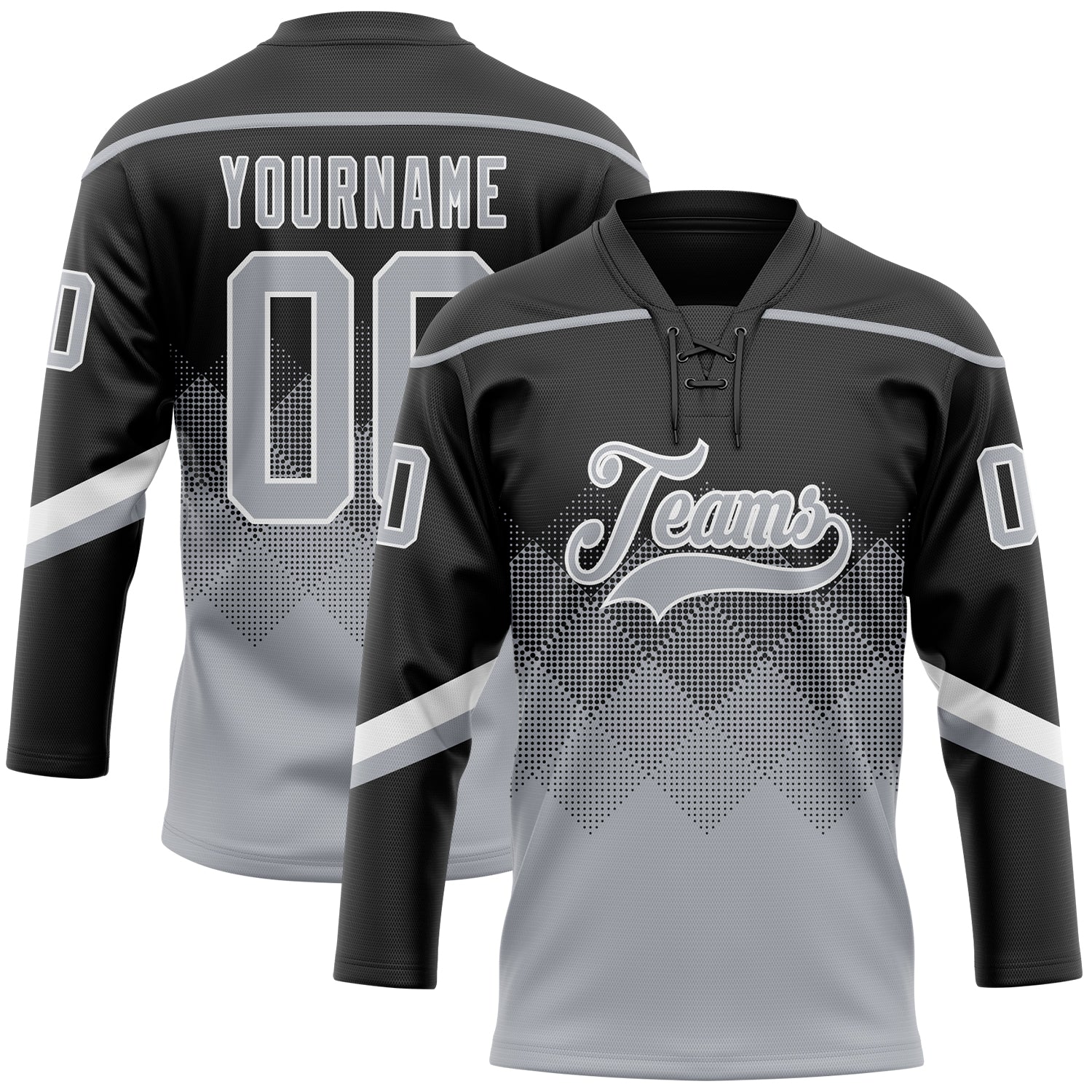 Custom Black Gray-White 3D Pattern Gradient Square Shapes Hockey Lace Neck Jersey
