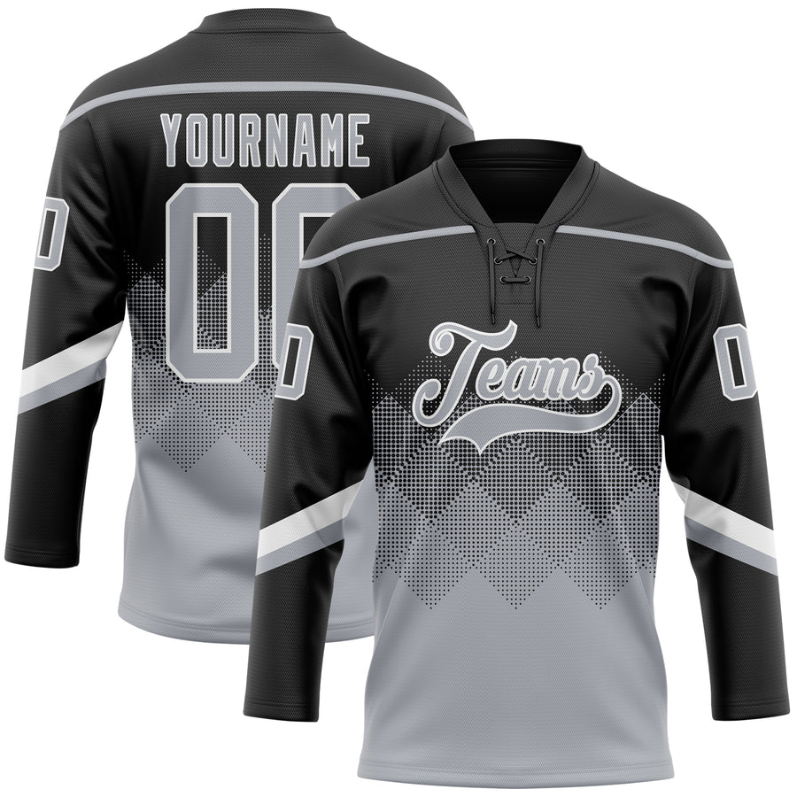 Custom Black Gray-White 3D Pattern Gradient Square Shapes Hockey Lace Neck Jersey