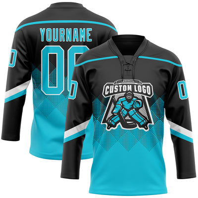 Custom Black Lakes Blue-White 3D Pattern Gradient Square Shapes Hockey Lace Neck Jersey