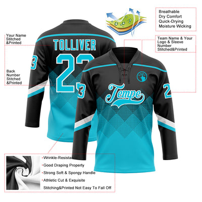 Custom Black Lakes Blue-White 3D Pattern Gradient Square Shapes Hockey Lace Neck Jersey