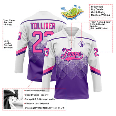 Custom White Pink-Purple 3D Pattern Gradient Square Shapes Hockey Lace Neck Jersey