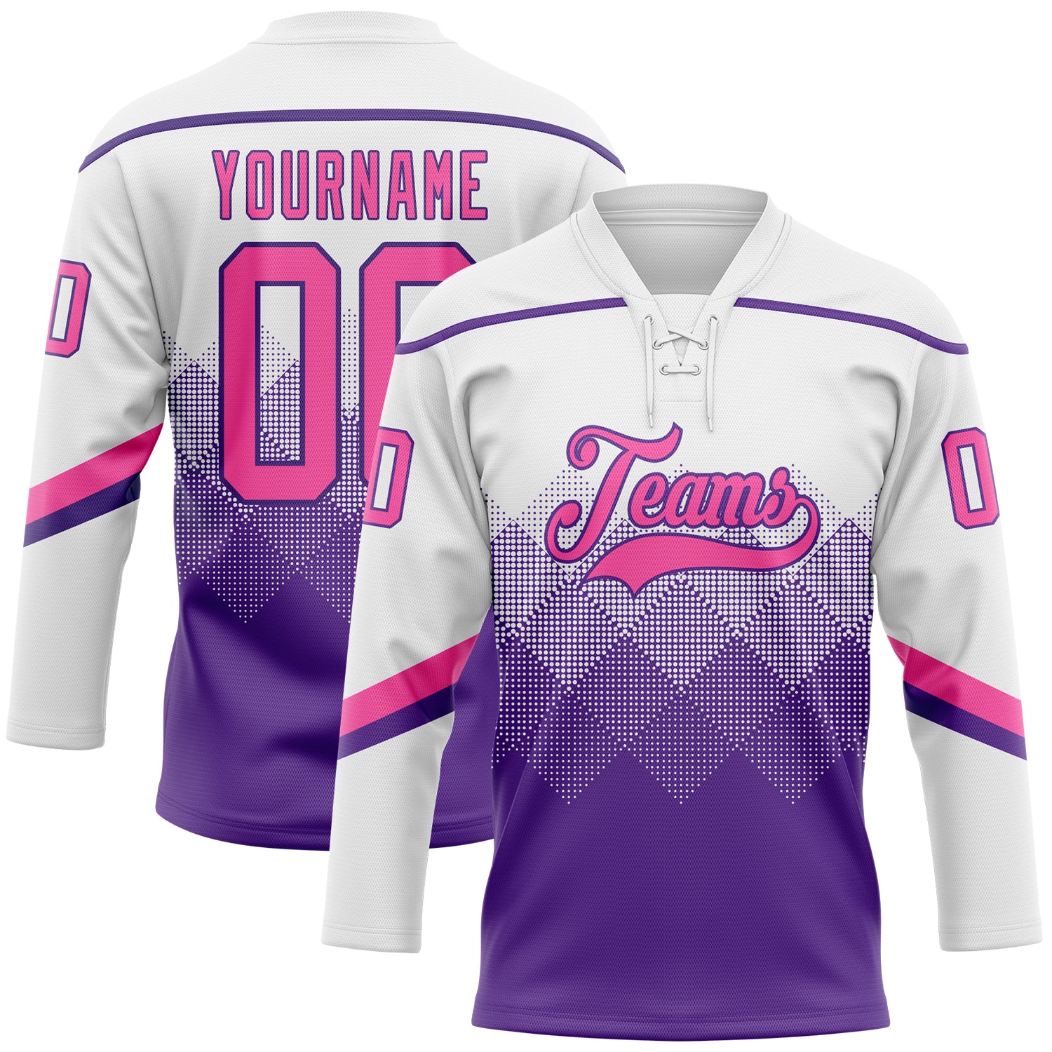 Custom White Pink-Purple 3D Pattern Gradient Square Shapes Hockey Lace Neck Jersey