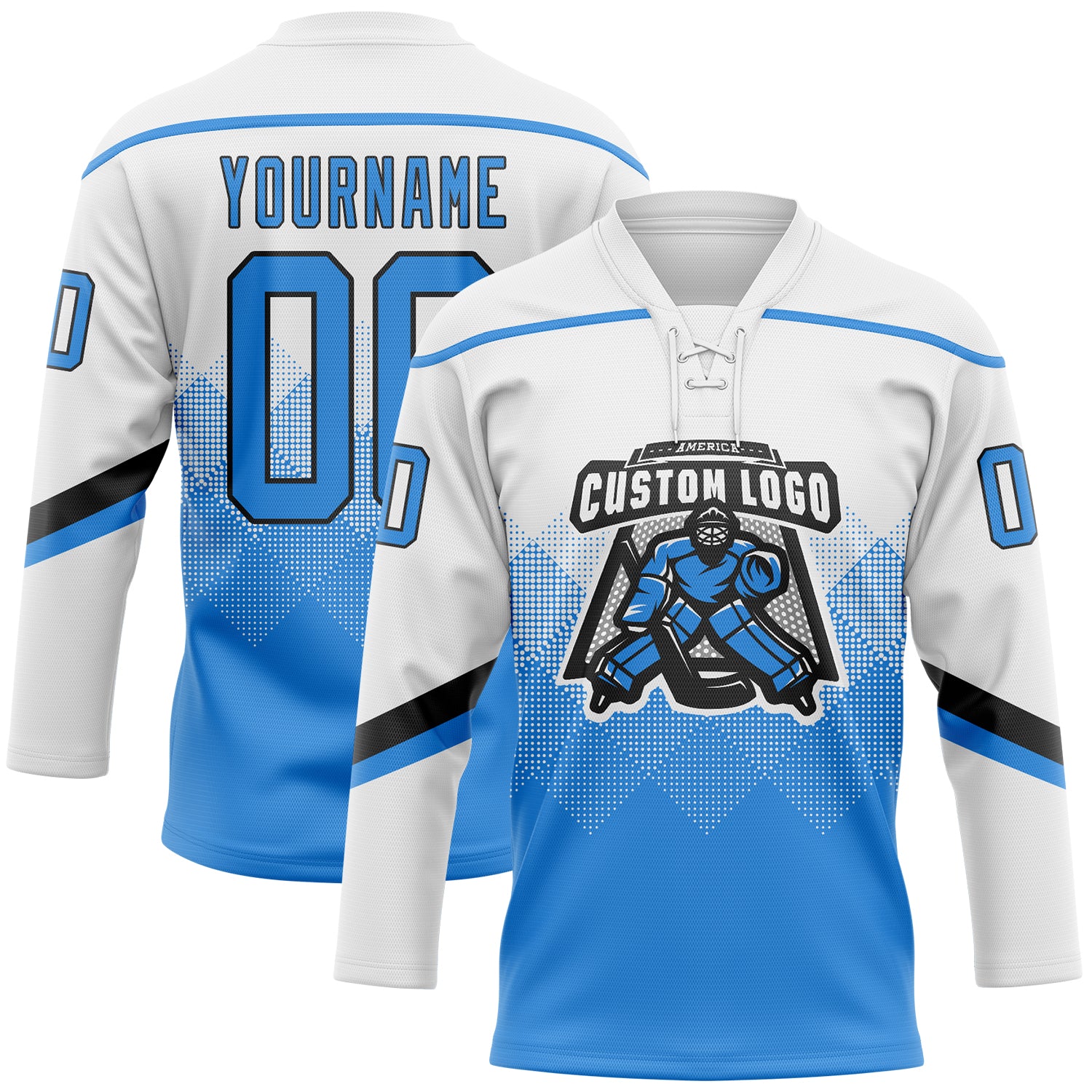 Custom White Powder Blue-Black 3D Pattern Gradient Square Shapes Hockey Lace Neck Jersey