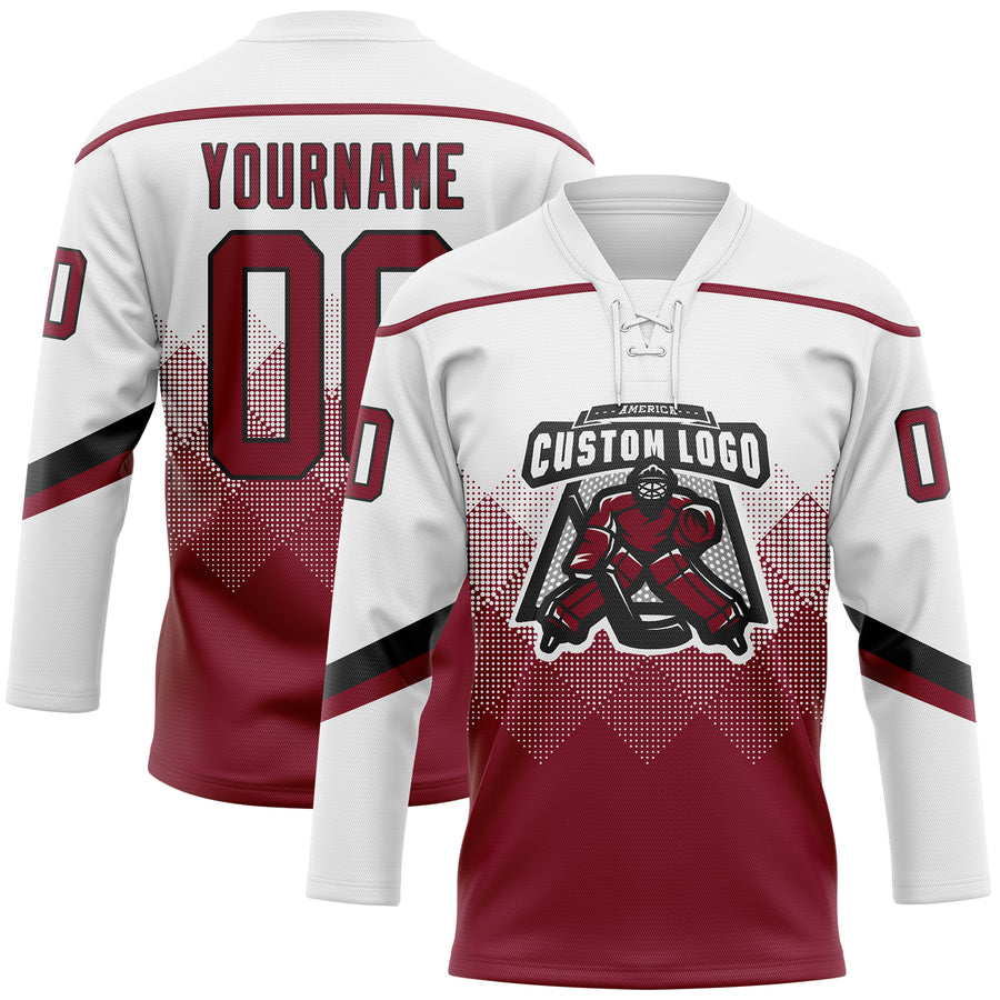 Custom White Crimson-Black 3D Pattern Gradient Square Shapes Hockey Lace Neck Jersey