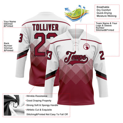 Custom White Crimson-Black 3D Pattern Gradient Square Shapes Hockey Lace Neck Jersey