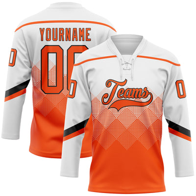 Custom White Orange-Black 3D Pattern Gradient Square Shapes Hockey Lace Neck Jersey