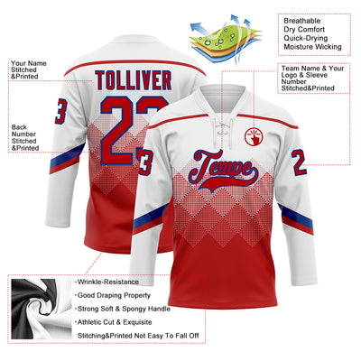 Custom White Red-Royal 3D Pattern Gradient Square Shapes Hockey Lace Neck Jersey