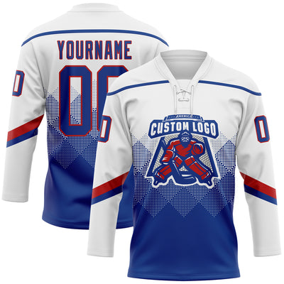 Custom White Royal-Red 3D Pattern Gradient Square Shapes Hockey Lace Neck Jersey