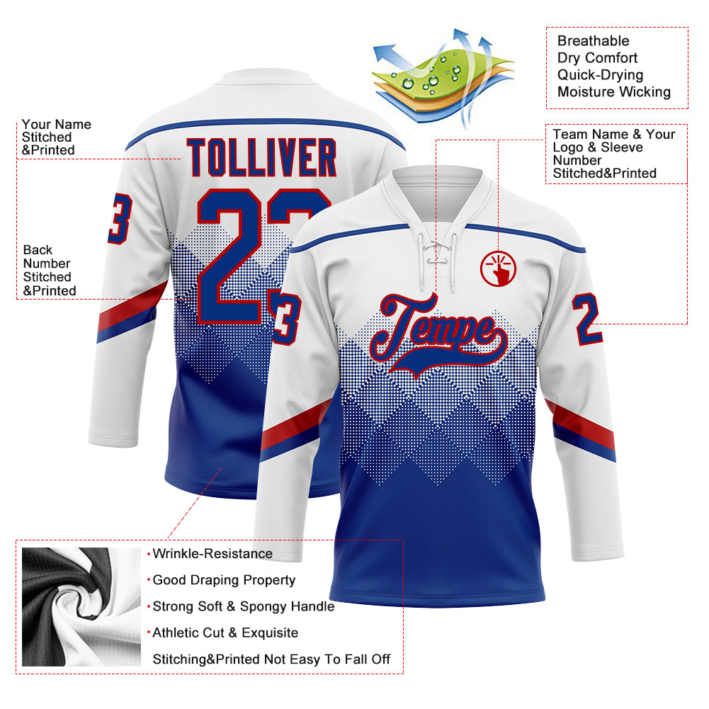 Custom White Royal-Red 3D Pattern Gradient Square Shapes Hockey Lace Neck Jersey