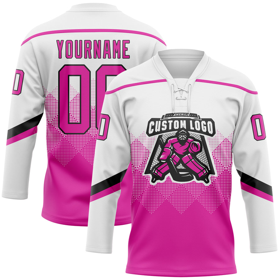 Custom White Deep Pink-Black 3D Pattern Gradient Square Shapes Hockey Lace Neck Jersey