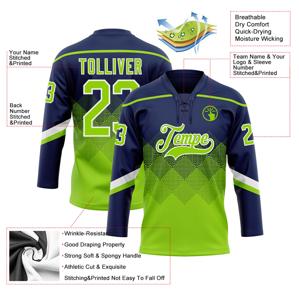 Custom Navy Neon Green-White 3D Pattern Gradient Square Shapes Hockey Lace Neck Jersey