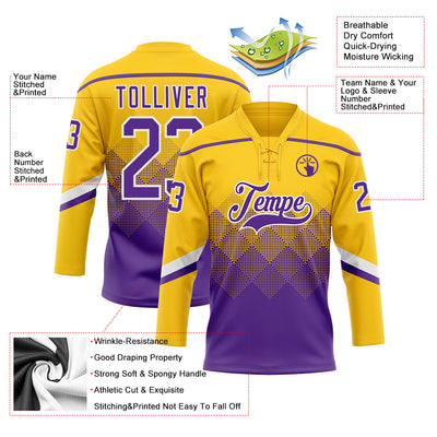 Custom Yellow Purple-White 3D Pattern Gradient Square Shapes Hockey Lace Neck Jersey