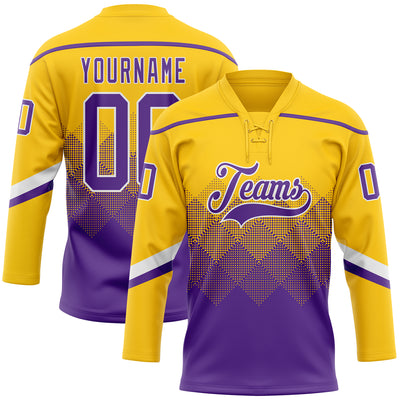 Custom Yellow Purple-White 3D Pattern Gradient Square Shapes Hockey Lace Neck Jersey