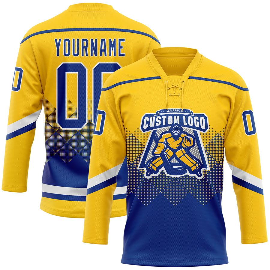 Custom Yellow Royal-White 3D Pattern Gradient Square Shapes Hockey Lace Neck Jersey
