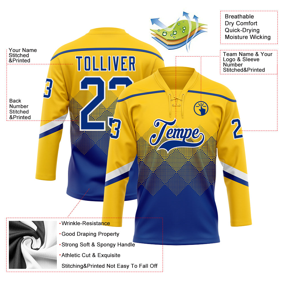 Custom Yellow Royal-White 3D Pattern Gradient Square Shapes Hockey Lace Neck Jersey