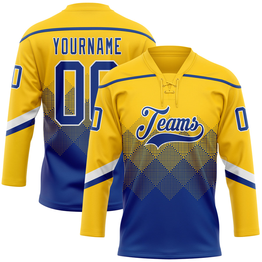 Custom Yellow Royal-White 3D Pattern Gradient Square Shapes Hockey Lace Neck Jersey