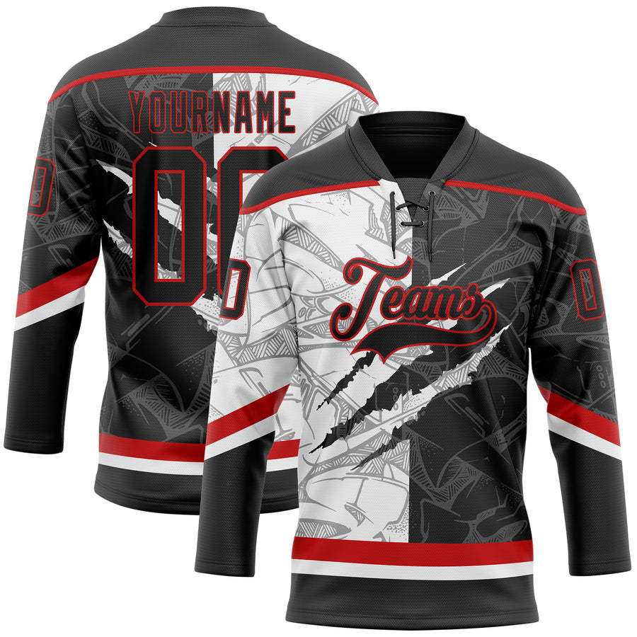 Custom Black White-Red 3D Pattern Gradient Fashion Scratch Hockey Lace Neck Jersey