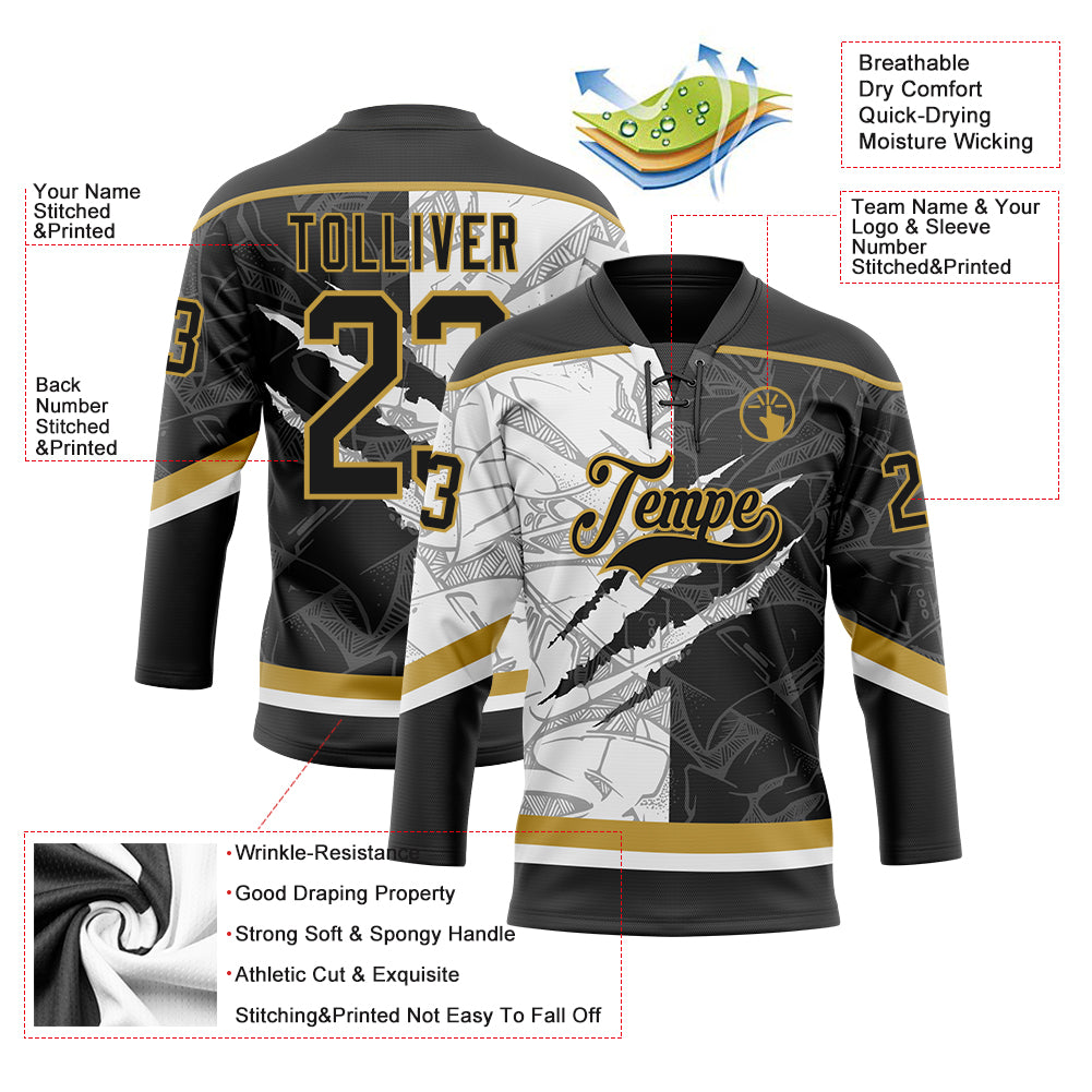 Custom Black White-Old Gold 3D Pattern Gradient Fashion Scratch Hockey Lace Neck Jersey