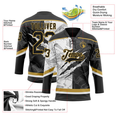 Custom Black White-Old Gold 3D Pattern Gradient Fashion Scratch Hockey Lace Neck Jersey